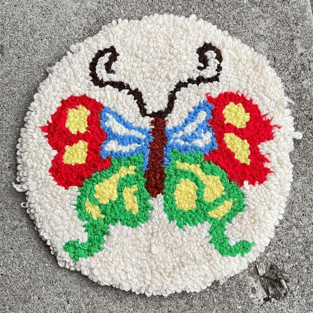 VTG Handcrafted Butterfly Punch Needle Round Rug Wall Hanging 13"